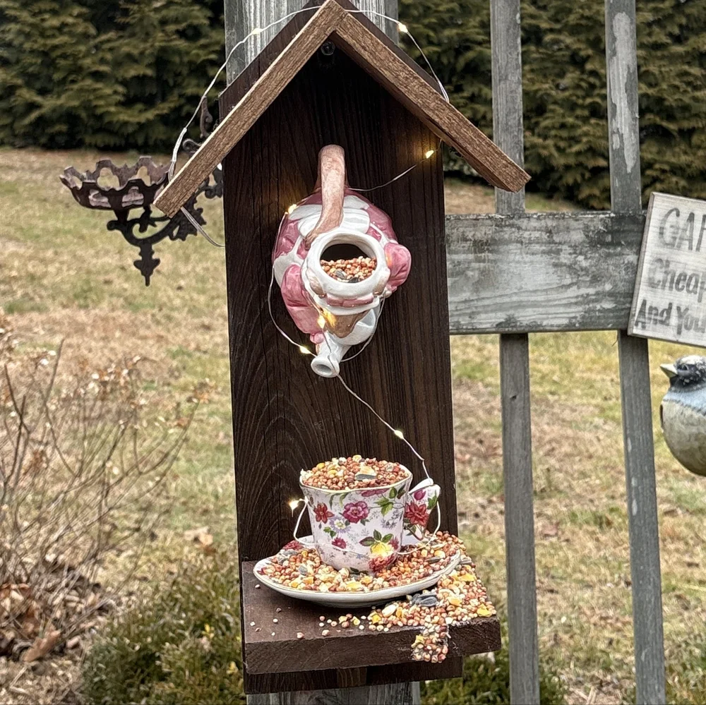 Rustic Wooden Handmade Bird Feeder Penguin With The Birds